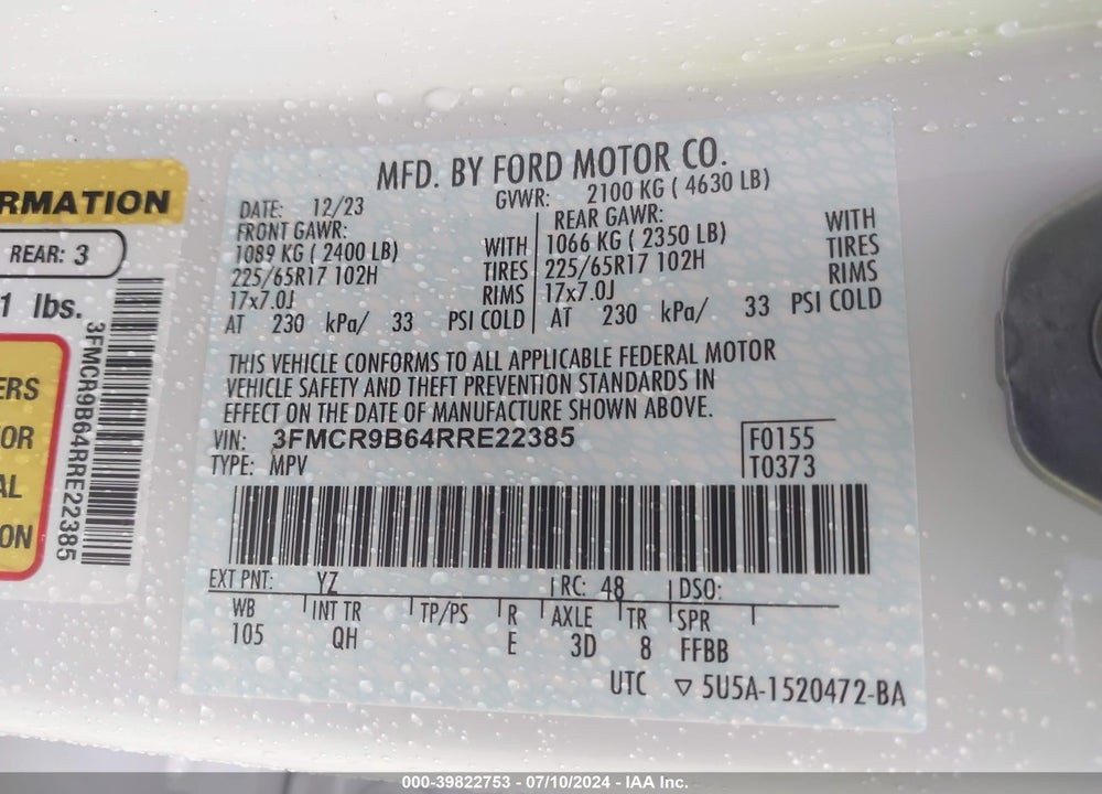 2024 FORD BRONCO SPORT BIG BEND VIN: 3FMCR9B64RRE22385