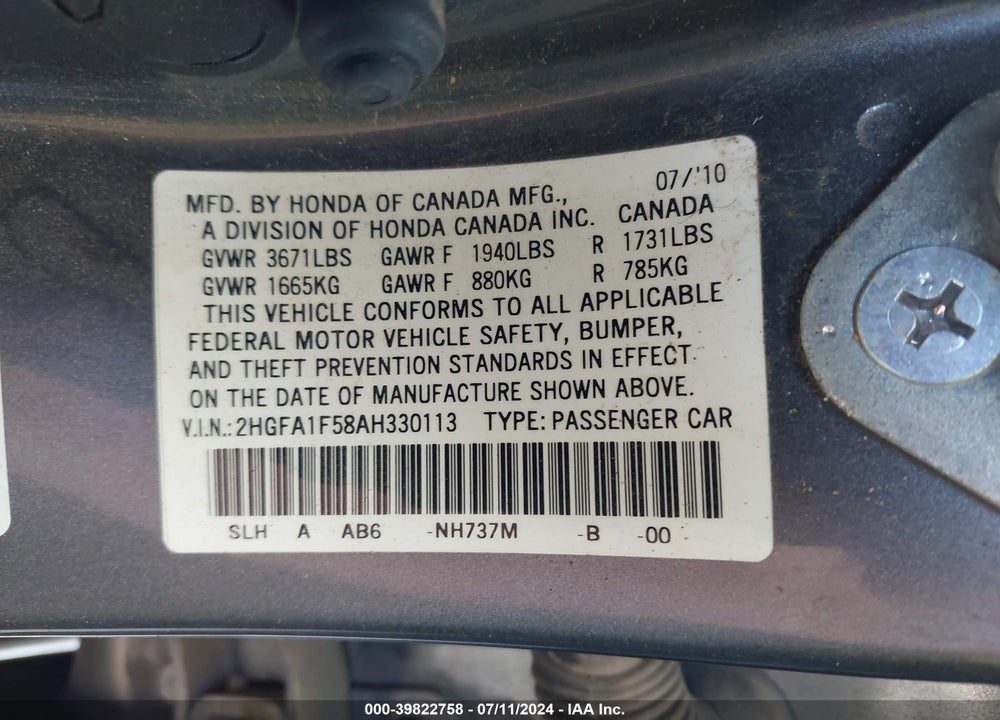 2010 HONDA CIVIC LX VIN: 2HGFA1F58AH330113