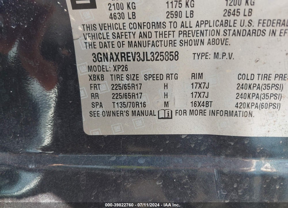 2018 CHEVROLET EQUINOX LS VIN: 3GNAXREV3JL325858