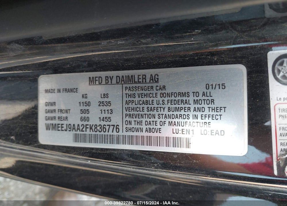 2015 SMART FORTWO ELECTRIC DRIVE VIN: WMEEJ9AA2FK836776