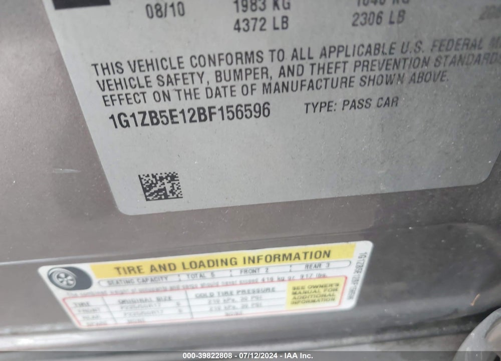 2011 CHEVROLET MALIBU LS VIN: 1G1ZB5E12BF156596