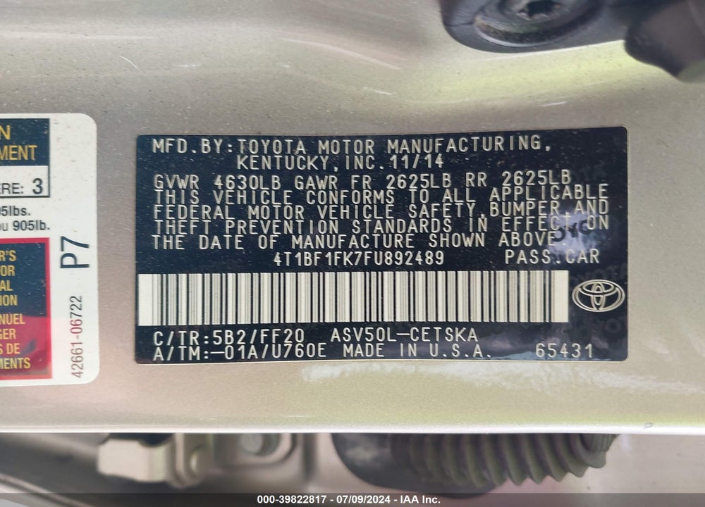 2015 TOYOTA CAMRY SE VIN: 4T1BF1FK7FU892489