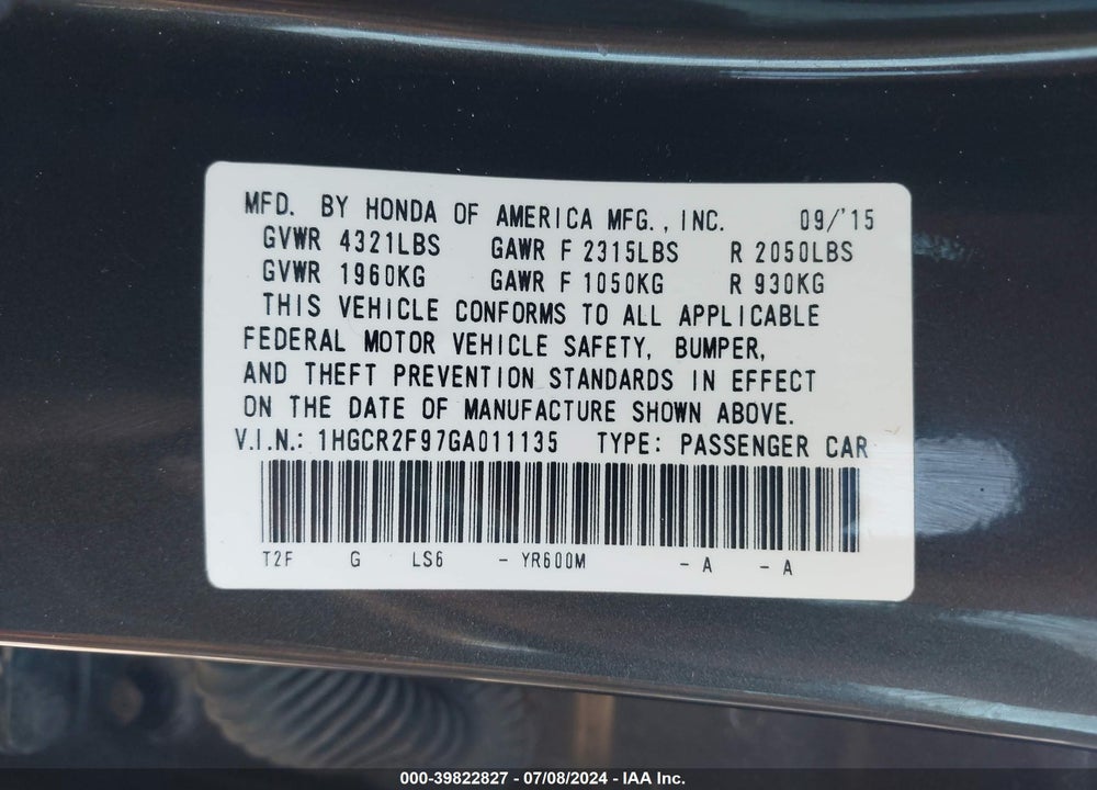 2016 HONDA ACCORD EX-L VIN: 1HGCR2F97GA011135