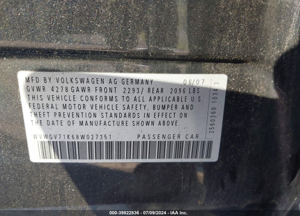 2008 VOLKSWAGEN GTI 4-DOOR VIN: WVWGV71K68W027351