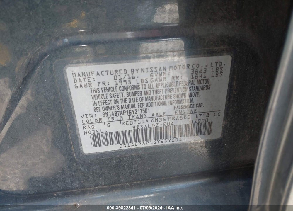 2016 NISSAN SENTRA SV VIN: 3N1AB7AP1GY217501