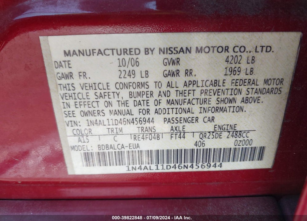 2006 NISSAN ALTIMA 2.5 S VIN: 1N4AL11D46N456944