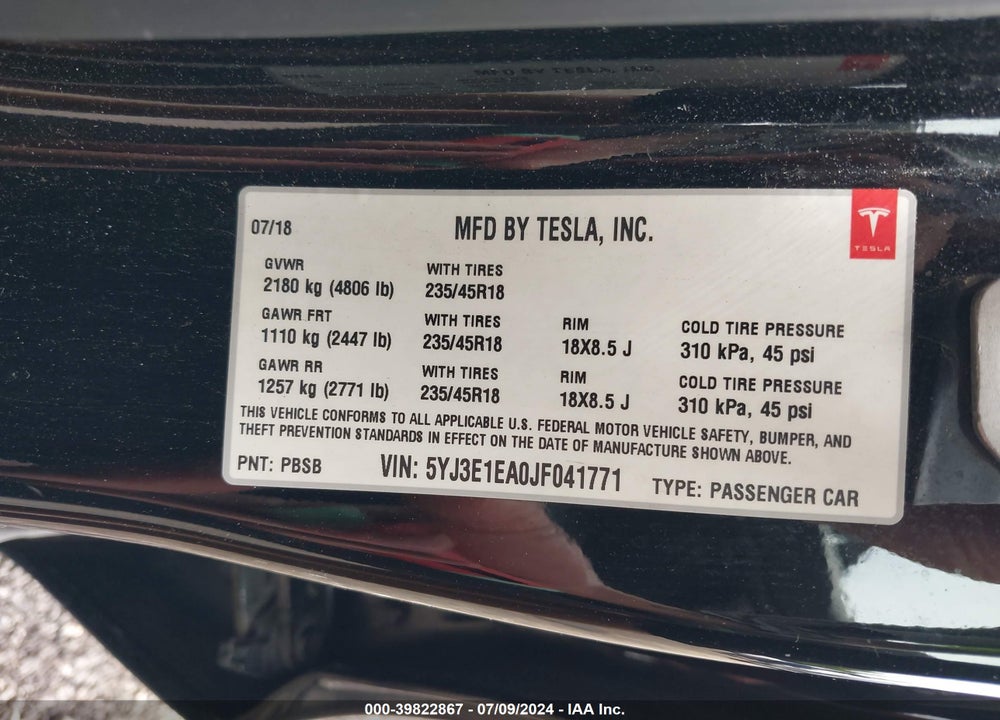 2018 TESLA MODEL 3 LONG RANGE/MID RANGE VIN: 5YJ3E1EA0JF041771