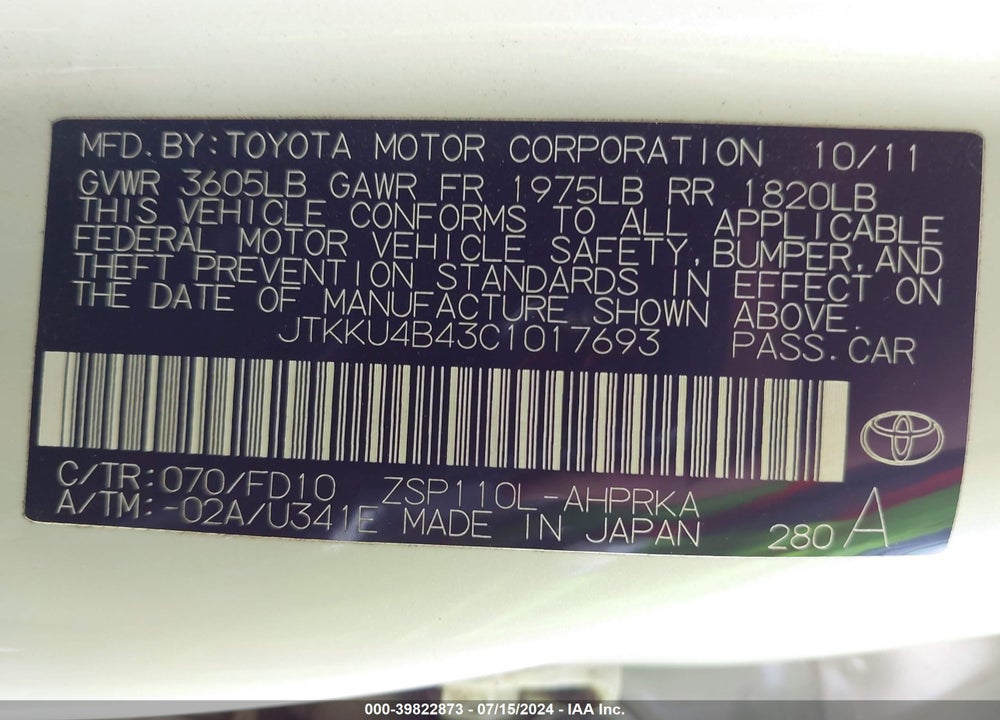 2012 SCION XD VIN: JTKKU4B43C1017693