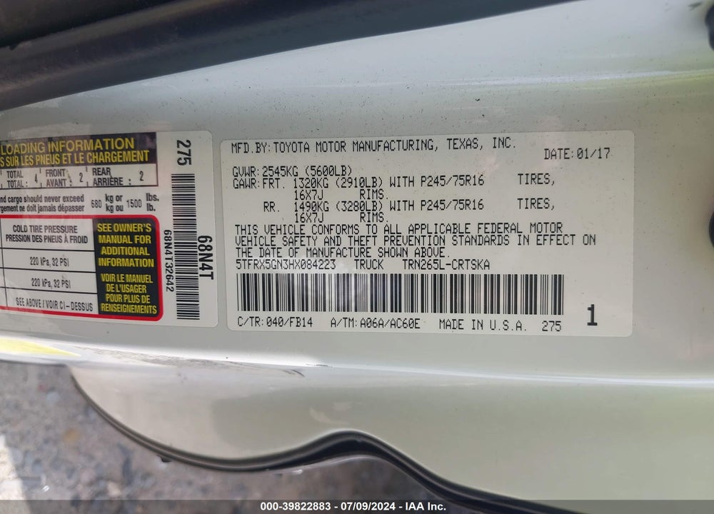 2017 TOYOTA TACOMA SR VIN: 5TFRX5GN3HX084223
