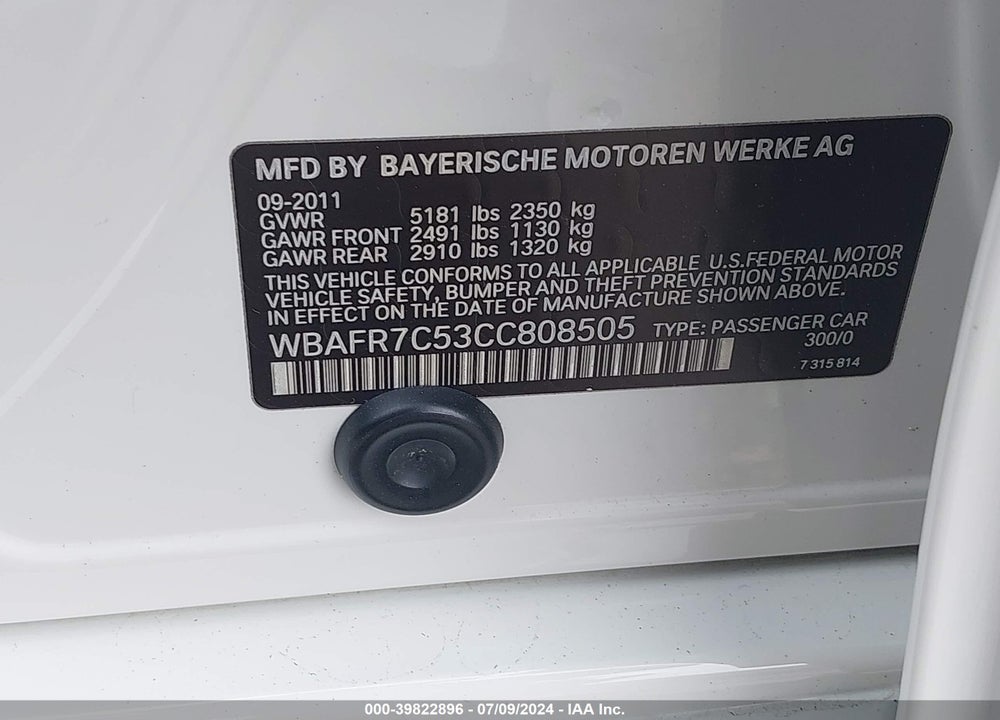 2012 BMW 535I VIN: WBAFR7C53CC808505