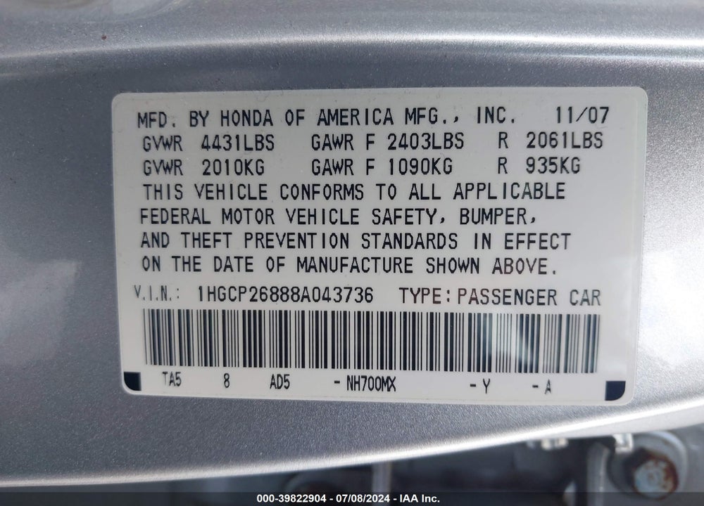 2008 HONDA ACCORD 2.4 EX-L VIN: 1HGCP26888A043736
