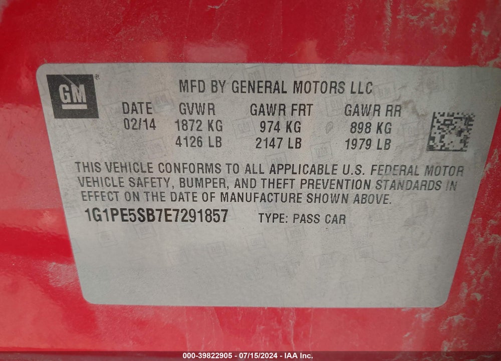 2014 CHEVROLET CRUZE 2LT AUTO VIN: 1G1PE5SB7E7291857