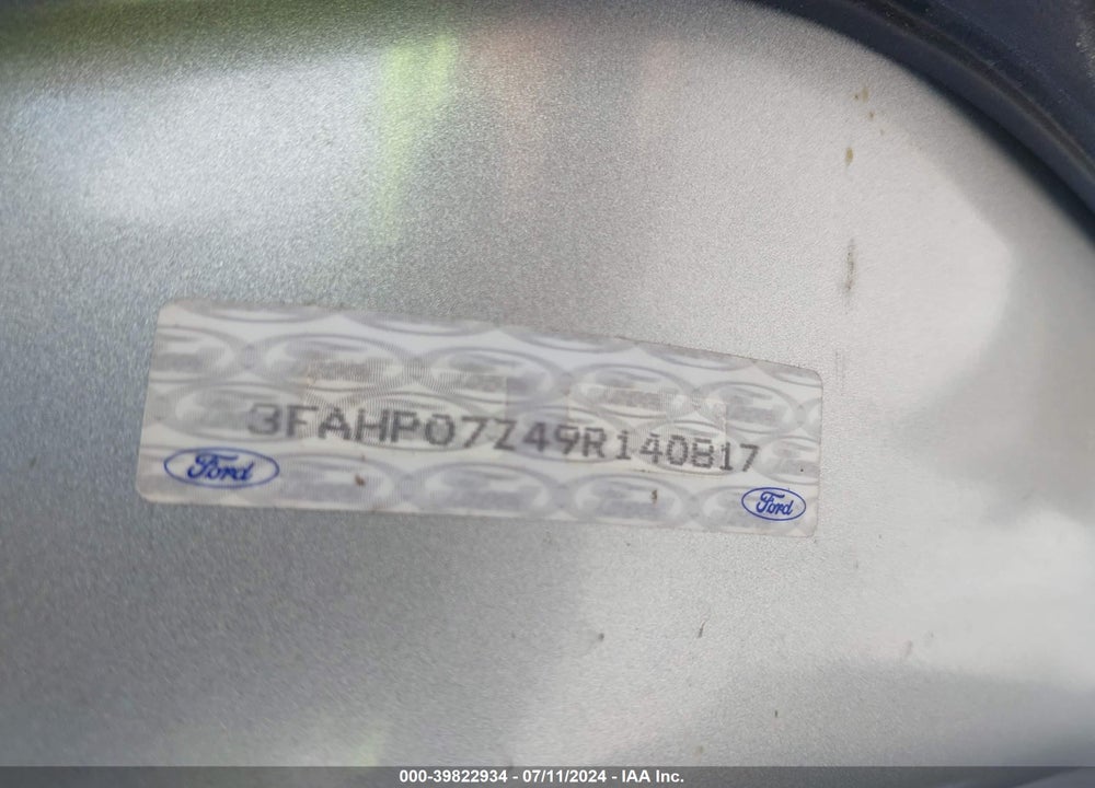 2009 FORD FUSION SE VIN: 3FAHP07Z49R140817