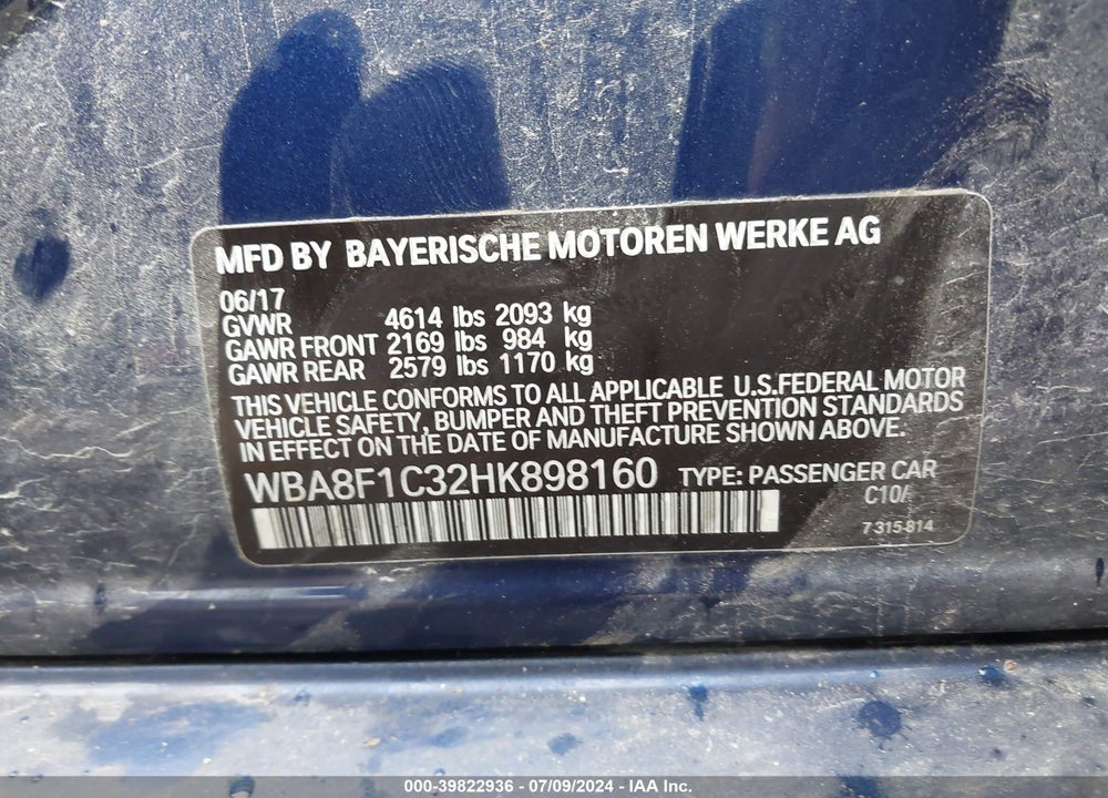 2017 BMW 328D XDRIVE VIN: WBA8F1C32HK898160