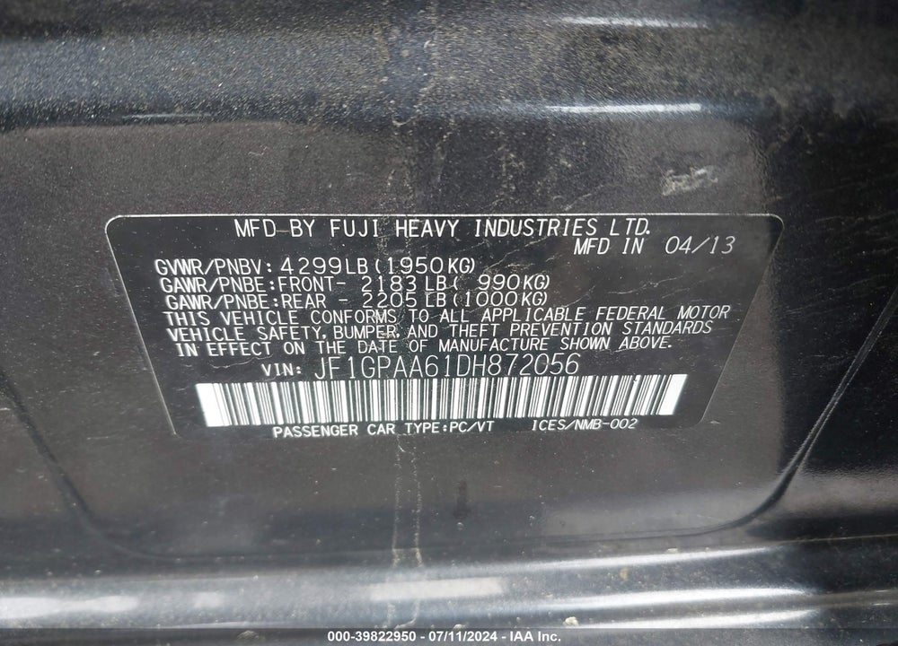 2013 SUBARU IMPREZA 2.0I VIN: JF1GPAA61DH872056