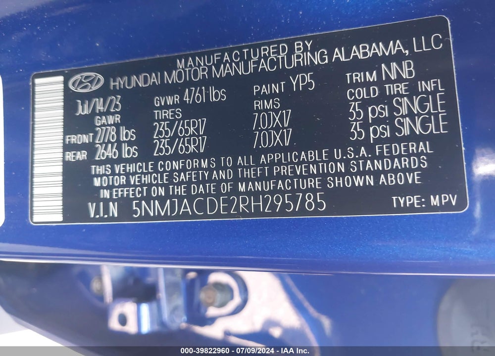 2024 HYUNDAI TUCSON SE VIN: 5NMJACDE2RH295785