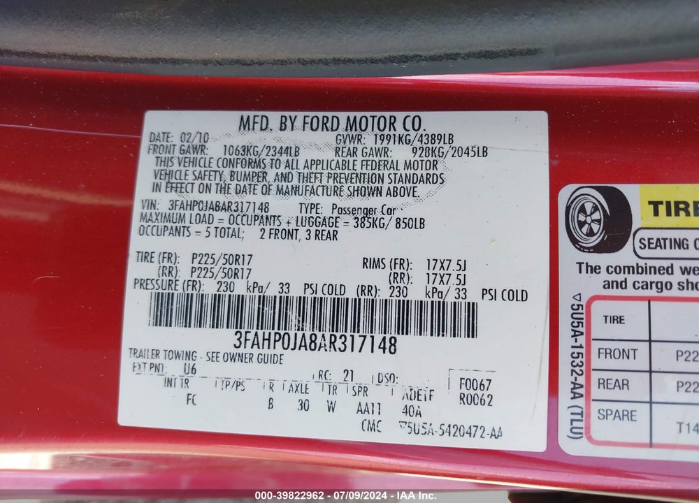 2010 FORD FUSION SEL VIN: 3FAHP0JA8AR317148