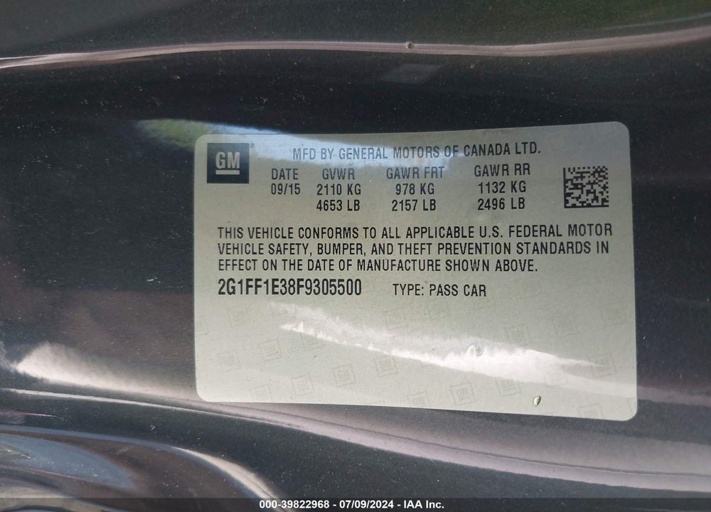 2015 CHEVROLET CAMARO 2LT VIN: 2G1FF1E38F9305500