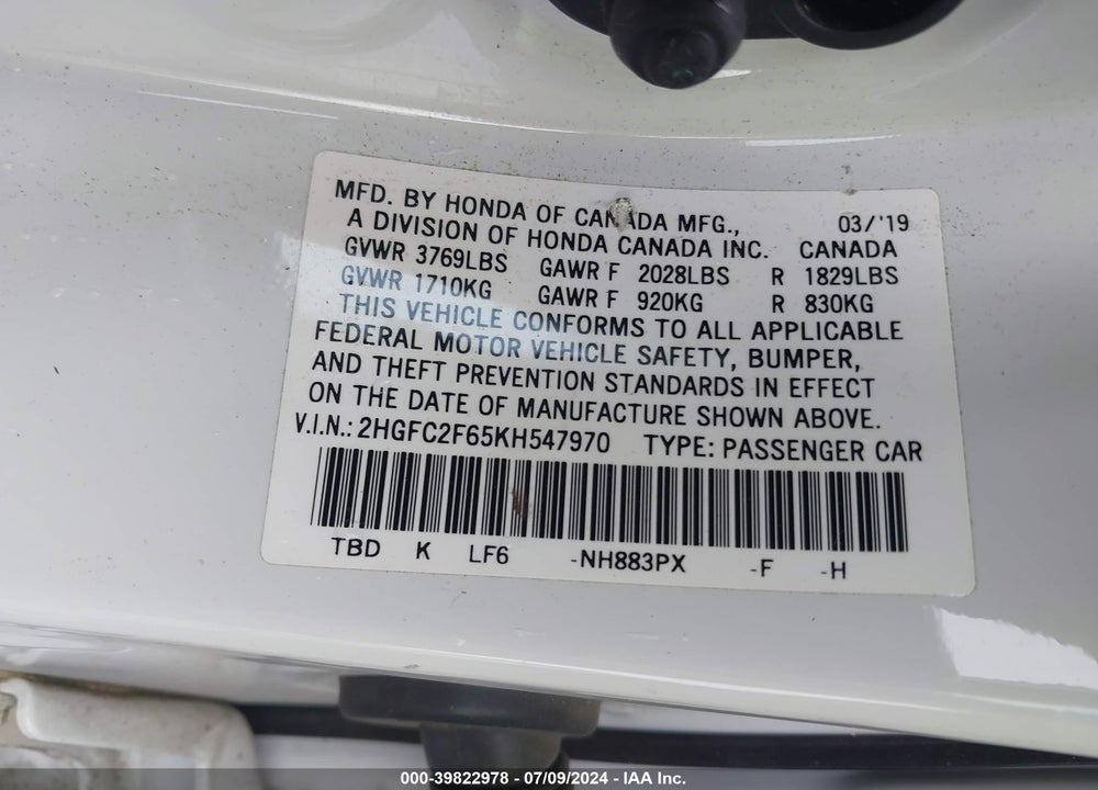 2019 HONDA CIVIC LX VIN: 2HGFC2F65KH547970