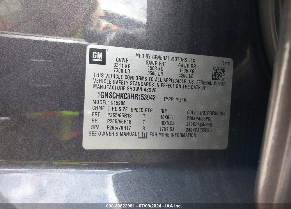 2017 CHEVROLET SUBURBAN LT VIN: 1GNSCHKC8HR153942