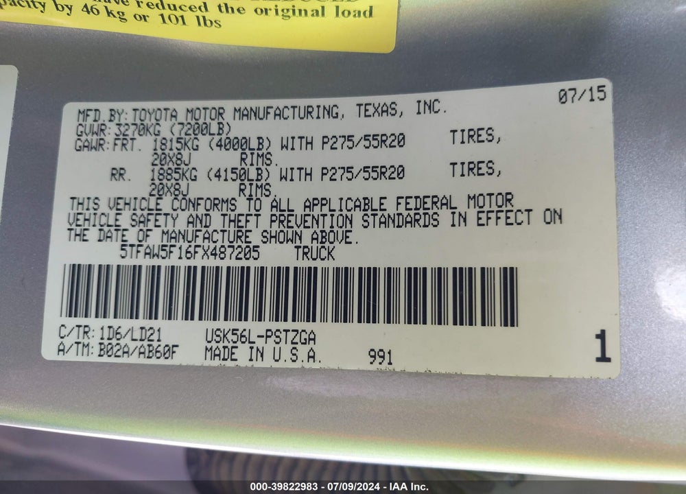 2015 TOYOTA TUNDRA 1794 5.7L V8 VIN: 5TFAW5F16FX487205