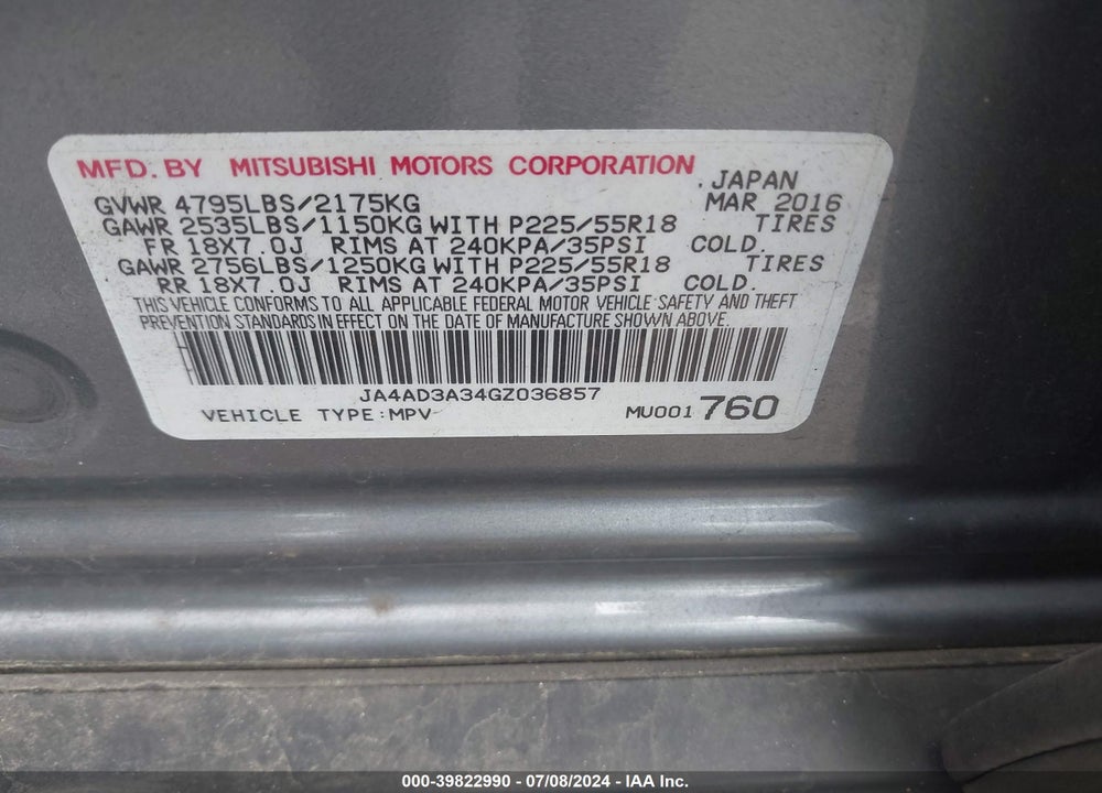 2016 MITSUBISHI OUTLANDER SEL VIN: JA4AD3A34GZ036857