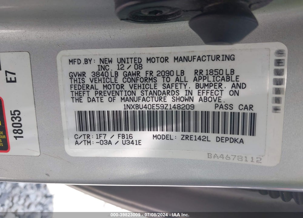 2009 TOYOTA COROLLA LE VIN: 1NXBU40E59Z148209