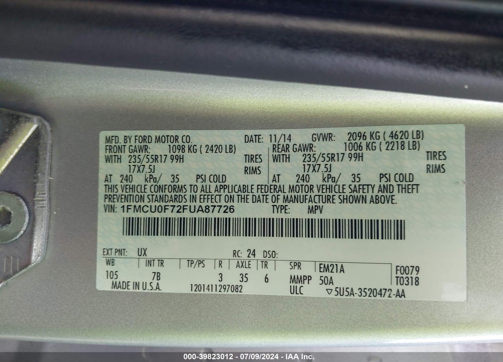 2015 FORD ESCAPE S VIN: 1FMCU0F72FUA87726