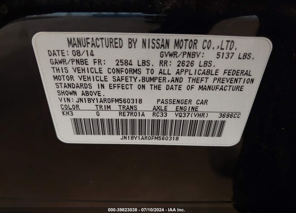 2015 INFINITI Q70 3.7X VIN: JN1BY1AR0FM560318