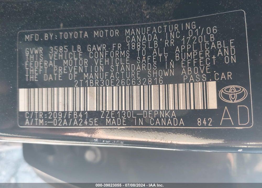 2006 TOYOTA COROLLA LE VIN: 2T1BR30E26C632816