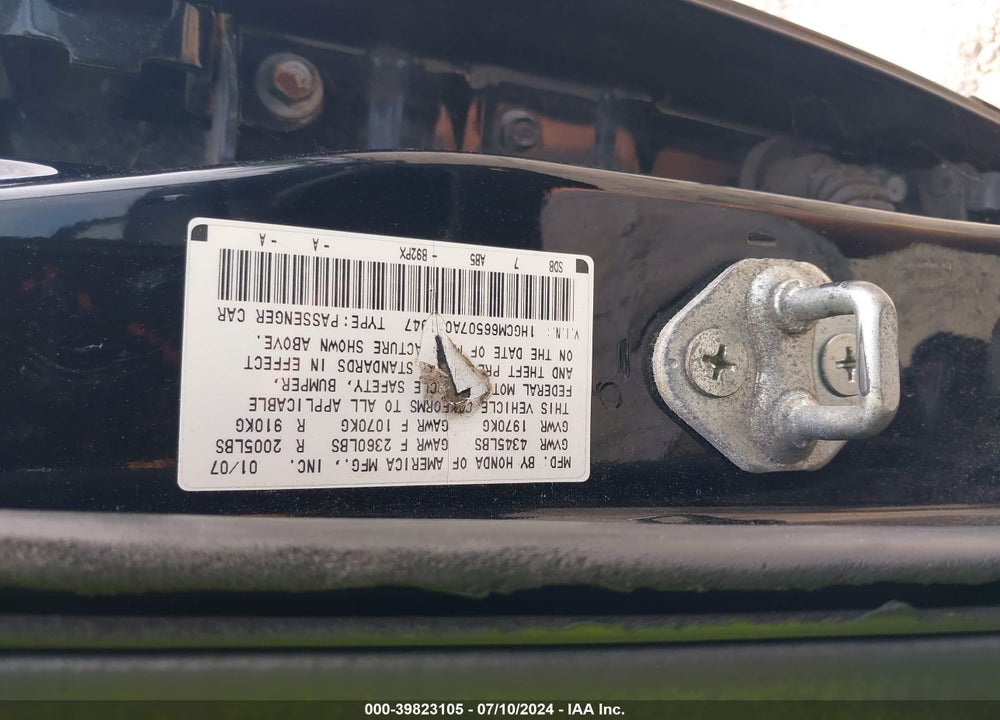 2007 HONDA ACCORD 3.0 EX VIN: 1HGCM66507A051947