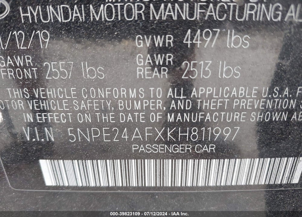 2019 HYUNDAI SONATA VIN: 5NPE24AFXKH811997