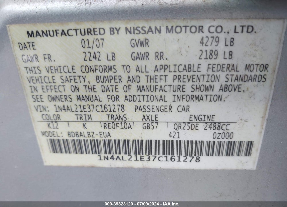 2007 NISSAN ALTIMA 2.5 S VIN: 1N4AL21E37C161278