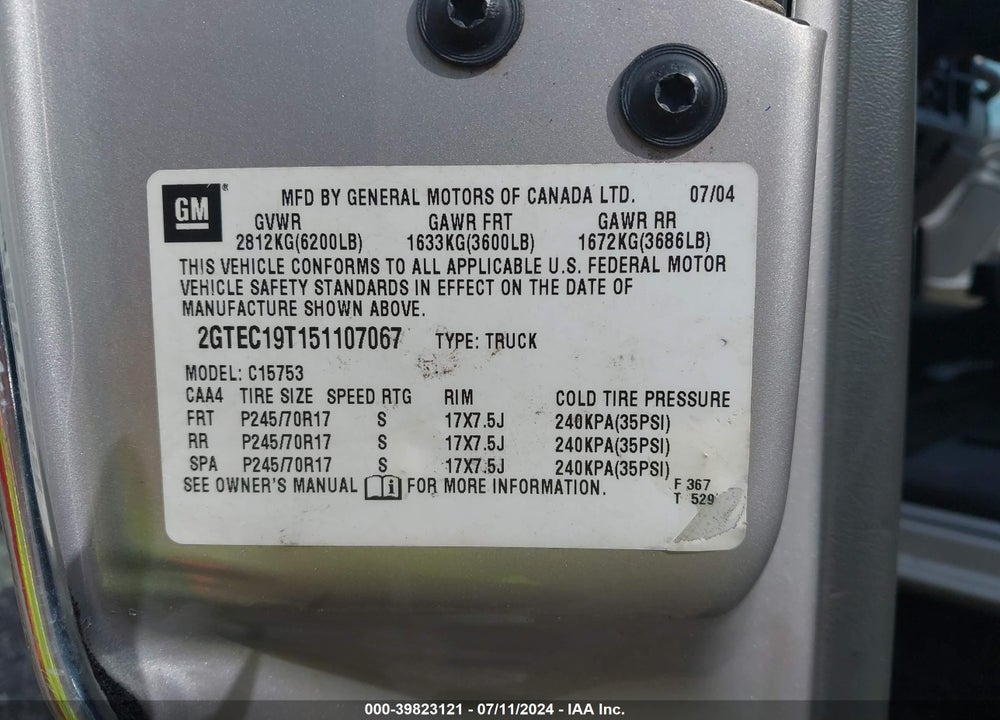 2005 GMC SIERRA 1500 SLE VIN: 2GTEC19T151107067