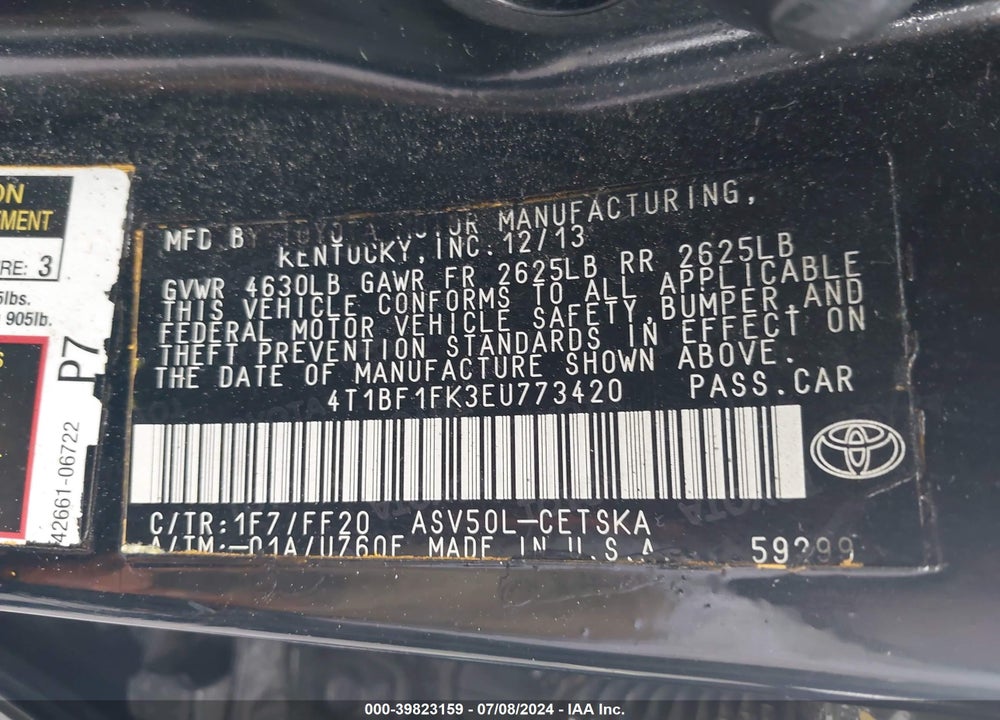2014 TOYOTA CAMRY SE VIN: 4T1BF1FK3EU773420