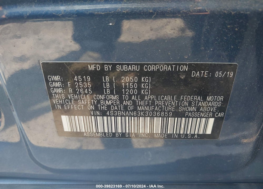2019 SUBARU LEGACY 2.5I LIMITED VIN: 4S3BNAN63K3036859