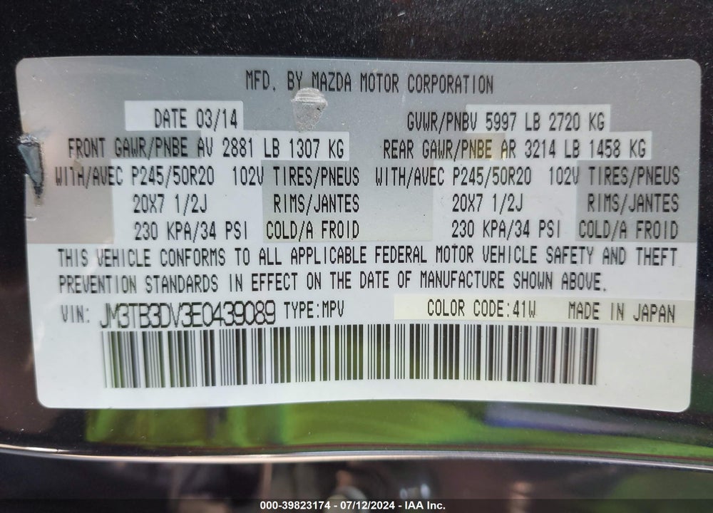 2014 MAZDA CX-9 GRAND TOURING VIN: JM3TB3DV3E0439089
