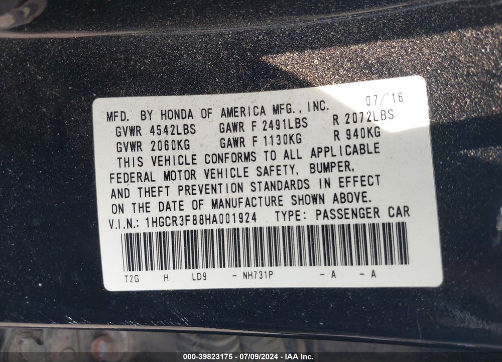 2017 HONDA ACCORD EX-L V6 VIN: 1HGCR3F88HA001924