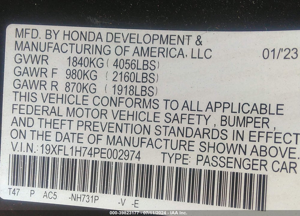 2023 HONDA CIVIC EX-L /EX-L W/O BSI VIN: 19XFL1H74PE002974