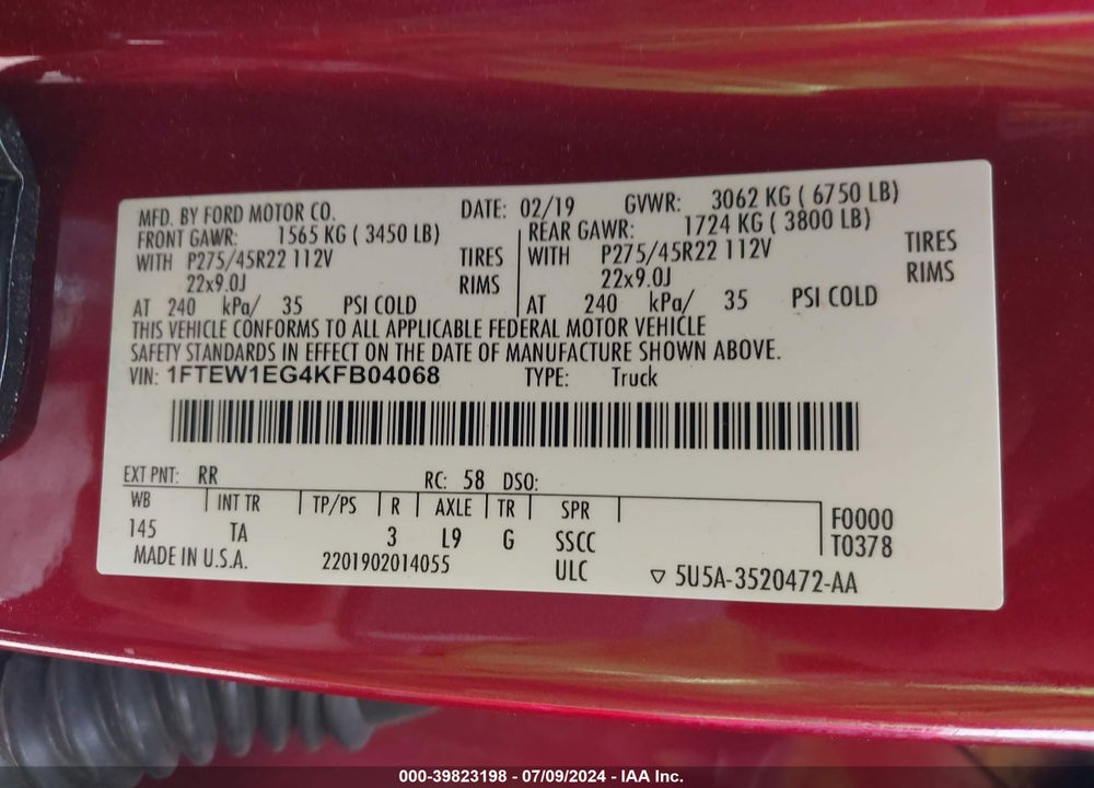 2019 FORD F-150 LIMITED VIN: 1FTEW1EG4KFB04068