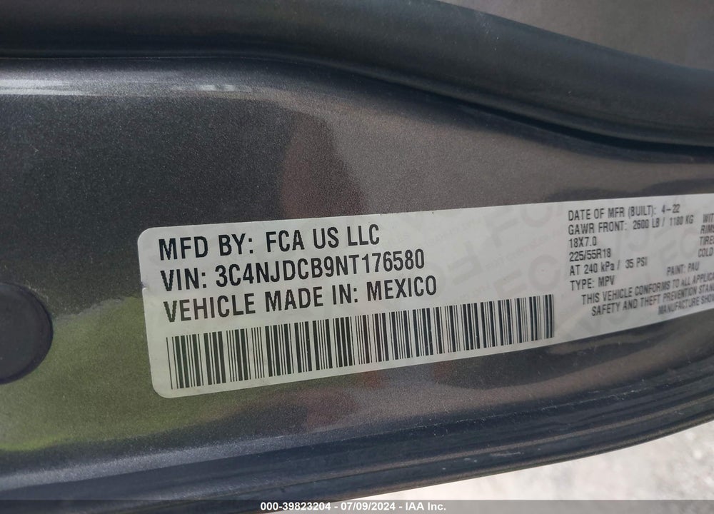 2022 JEEP COMPASS LIMITED 4X4 VIN: 3C4NJDCB9NT176580