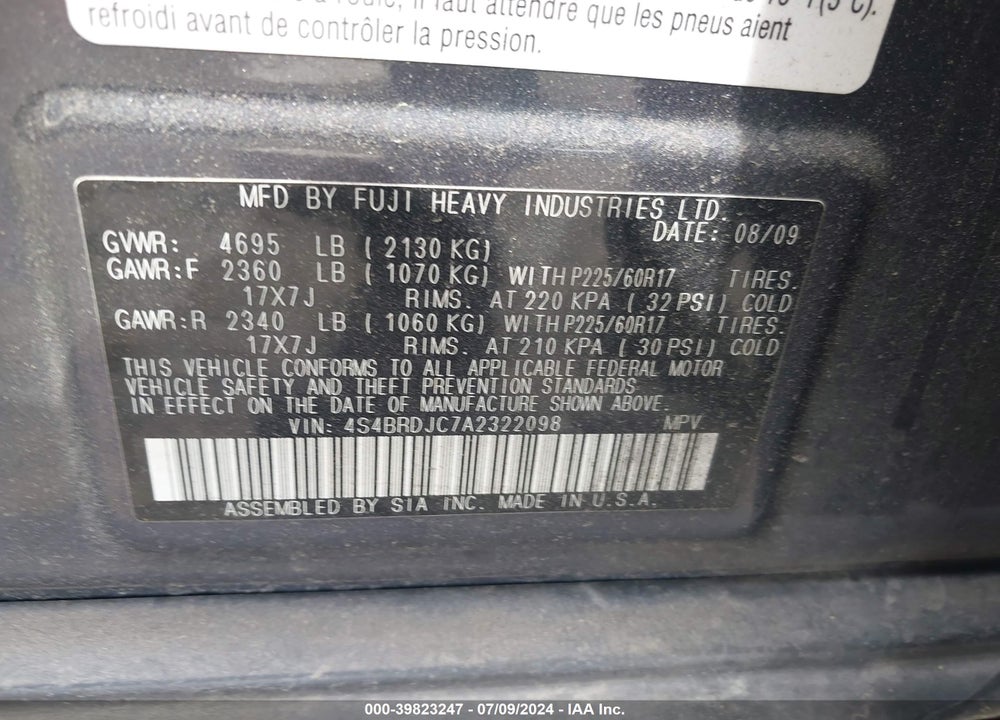 2010 SUBARU OUTBACK 3.6R LIMITED VIN: 4S4BRDJC7A2322098