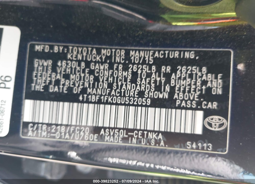 2016 TOYOTA CAMRY LE VIN: 4T1BF1FK0GU532059