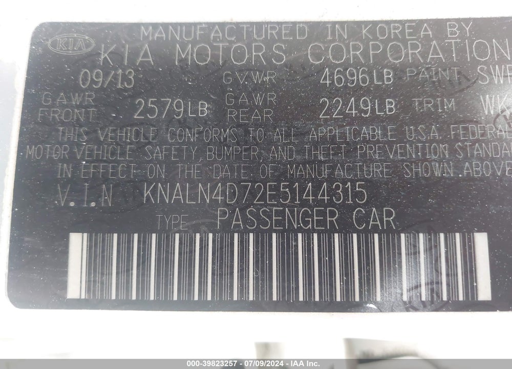 2014 KIA CADENZA PREMIUM VIN: KNALN4D72E5144315