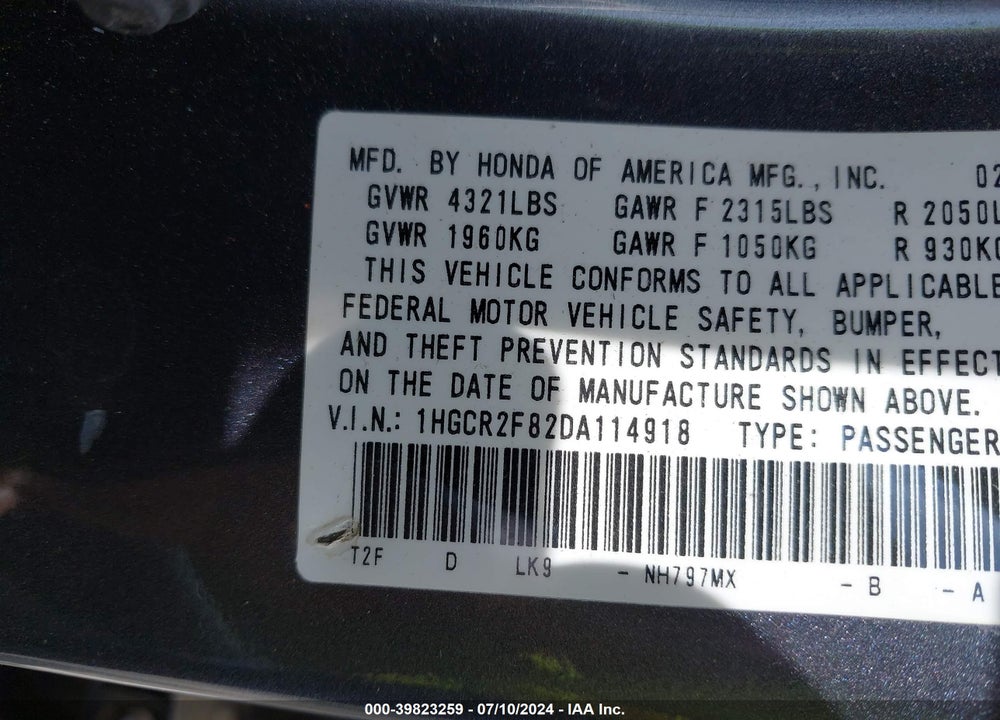 2013 HONDA ACCORD EX-L VIN: 1HGCR2F82DA114918