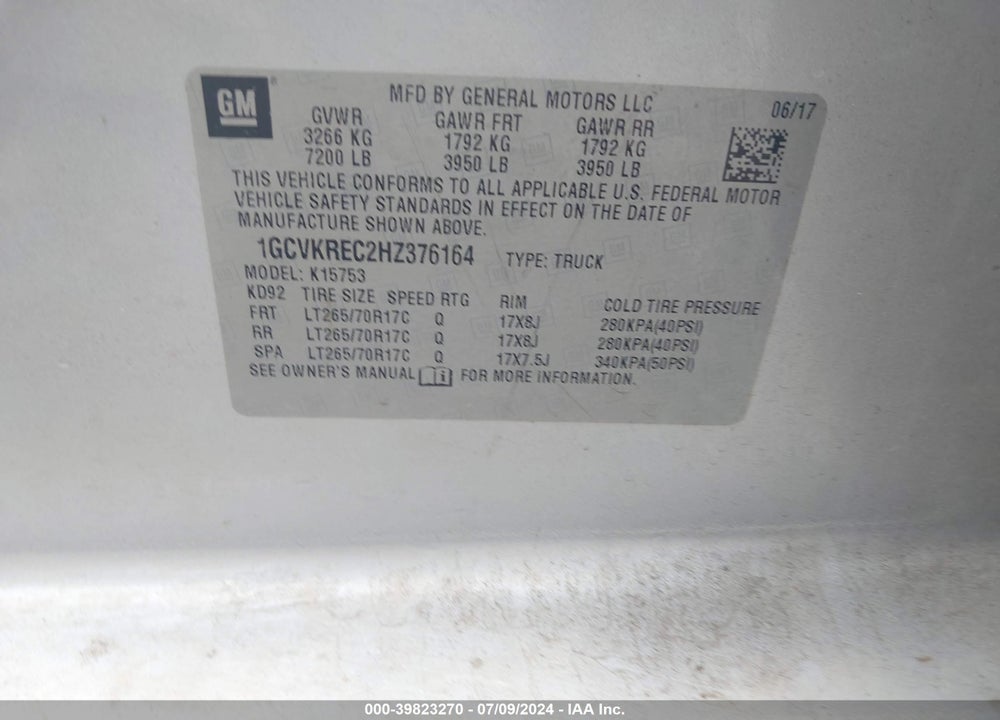 2017 CHEVROLET SILVERADO 1500 1LT VIN: 1GCVKREC2HZ376164