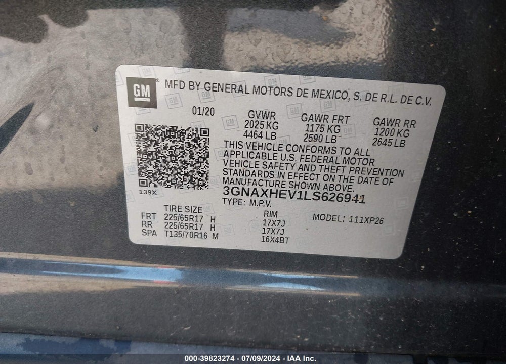 2020 CHEVROLET EQUINOX VIN: 3GNAXHEV1LS626941