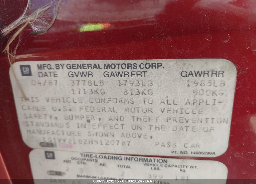 1987 CHEVROLET CORVETTE VIN: 1G1YY2182H5120787