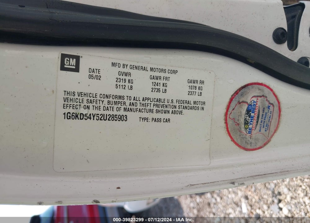 2002 CADILLAC DEVILLE STANDARD VIN: 1G6KD54Y52U285903