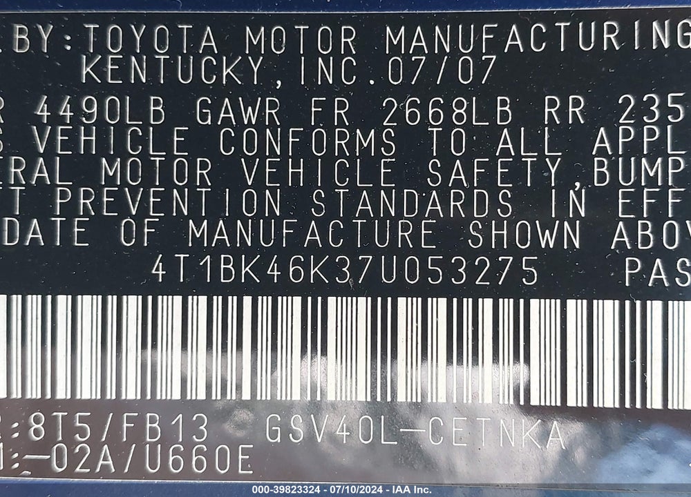 2007 TOYOTA CAMRY LE V6 VIN: 4T1BK46K37U053275